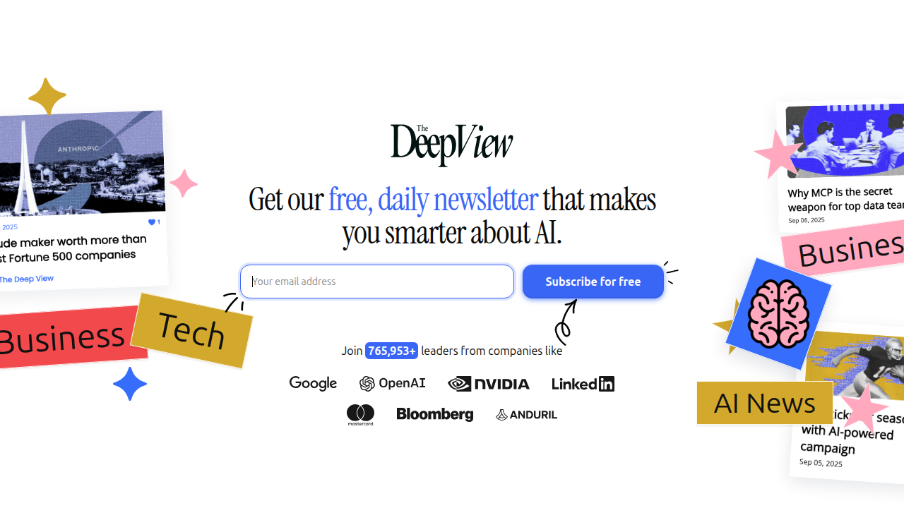 The Deep View Newsletter's subscription page, offering daily AI updates to healthtech leaders.