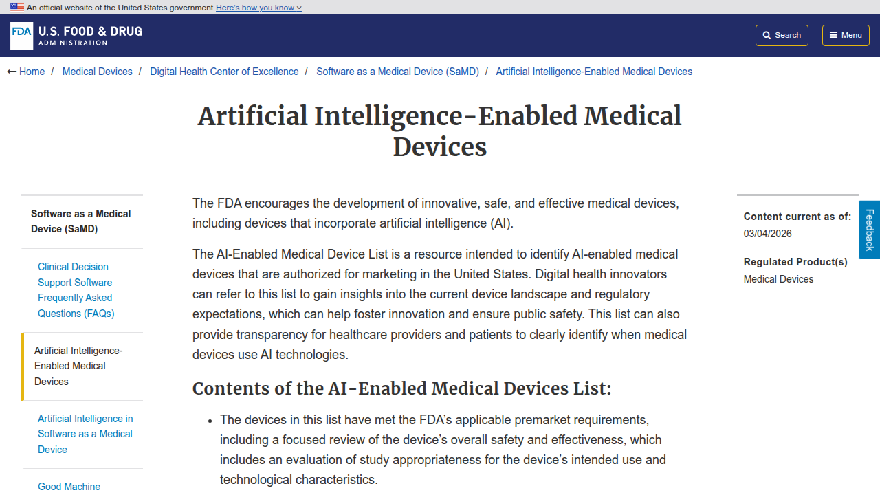 The FDA's official list of artificial intelligence and machine learning-enabled medical devices, tracking regulatory clearances.