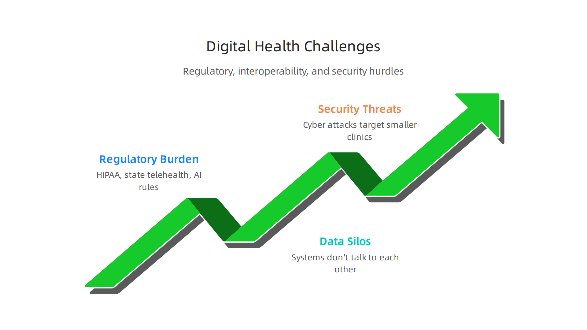 Infographic detailing the significant challenges in adopting digital health: regulatory burdens, data connection gaps, and security threats to clinics.