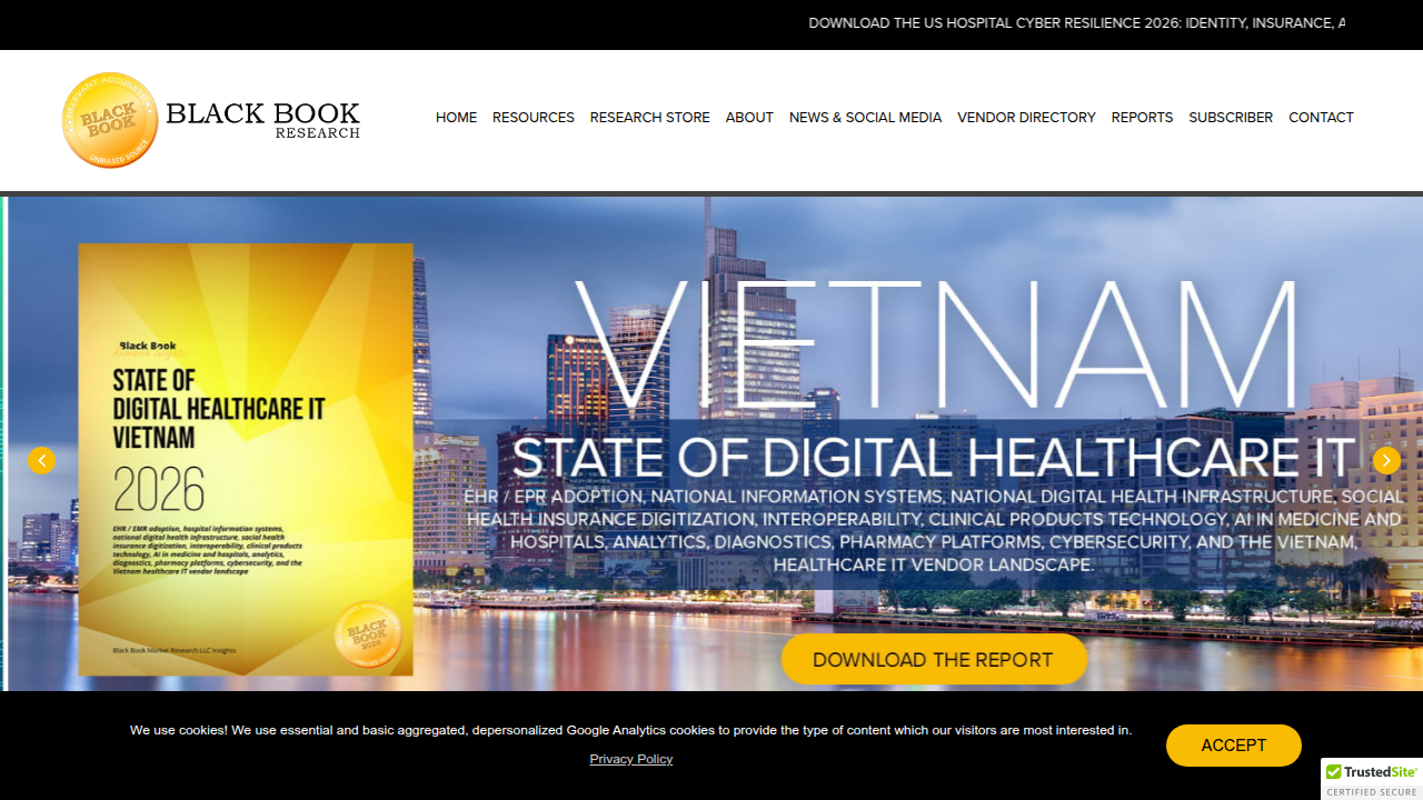 Screenshot of the Black Book Market Research website, a key source for rural hospital EHR replacement data.