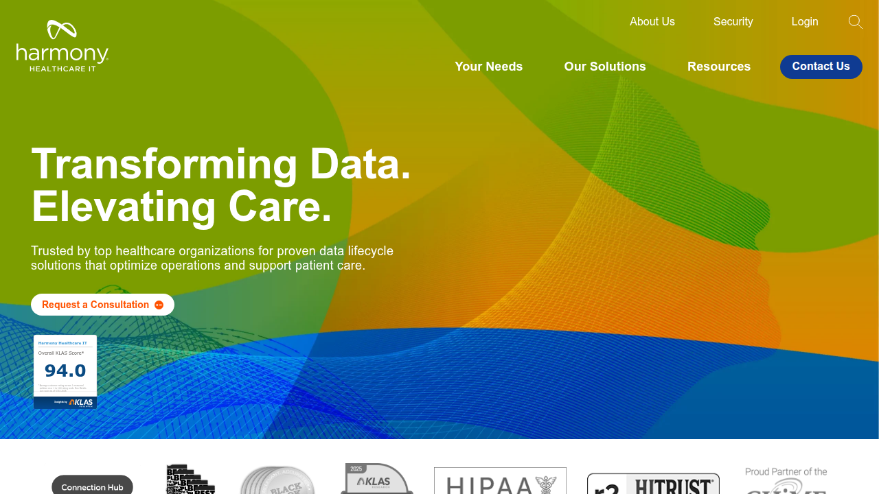 Screenshot of the Harmony Healthcare IT website, providing resources and insights on hospital EHR migrations.