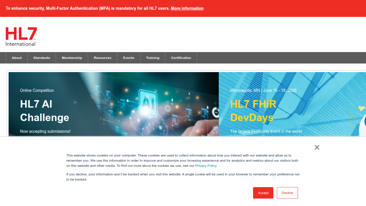 Screenshot of the HL7 International website, a leading organization developing healthcare IT standards like FHIR.