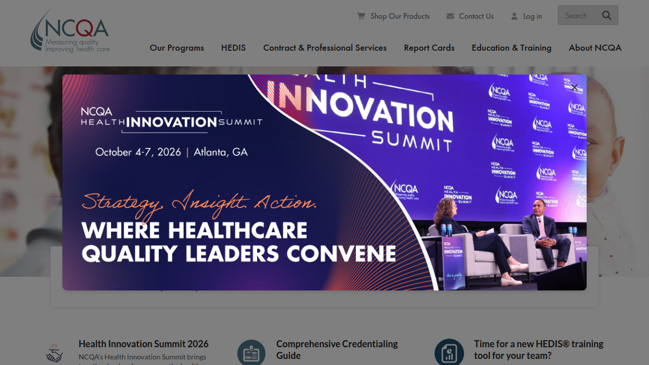 Screenshot of the National Committee for Quality Assurance (NCQA) homepage, highlighting healthcare quality metrics.