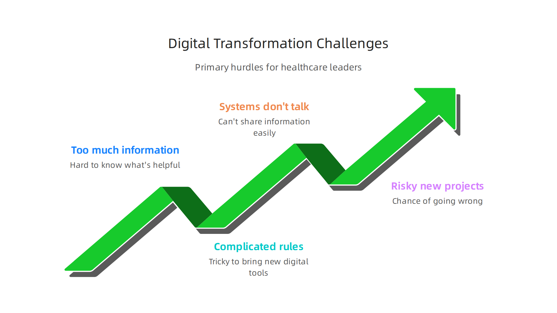 Visualizing the primary hurdles healthcare leaders face when implementing digital transformation, from data overload to project risks.