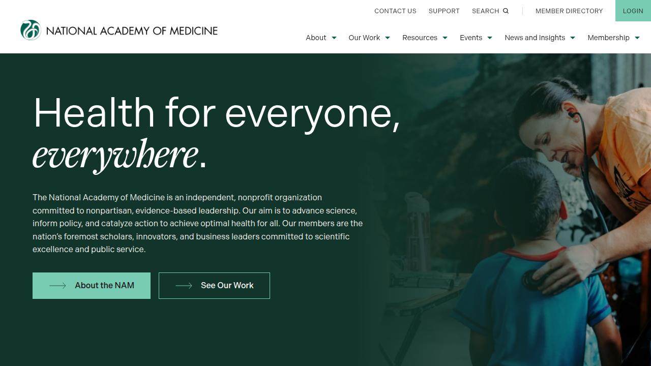 The National Academy of Medicine (NAM) website, a leading resource for health policy and research related to digital and data architecture in healthcare.