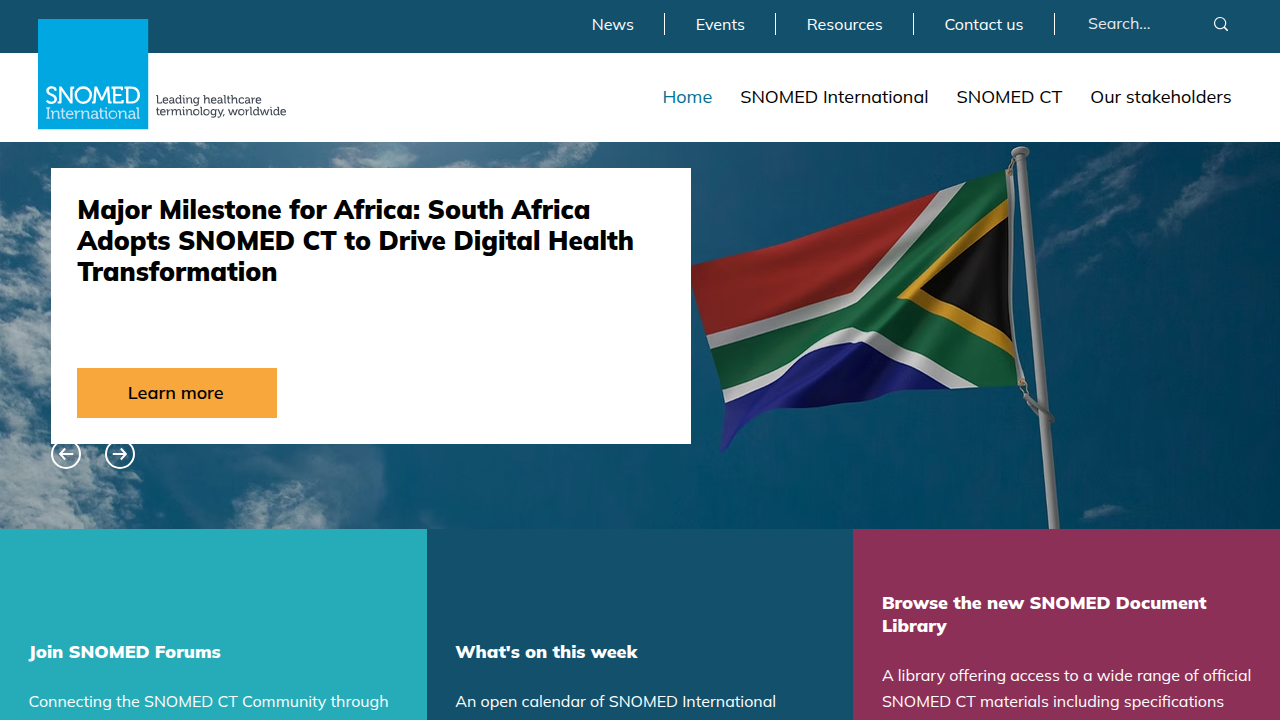 The SNOMED International homepage, dedicated to developing and maintaining a comprehensive clinical terminology.