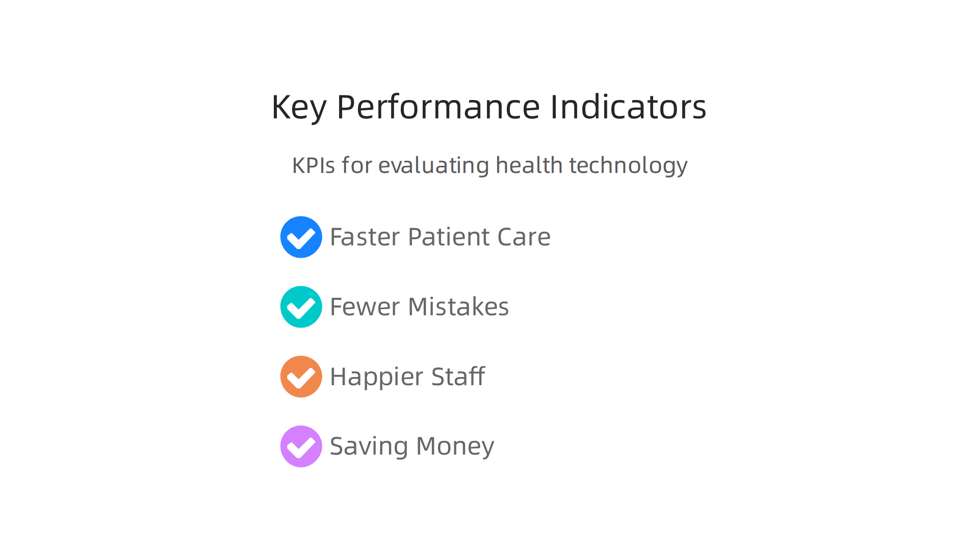 An infographic listing illustrative Key Performance Indicators (KPIs) for evaluating health technology success.