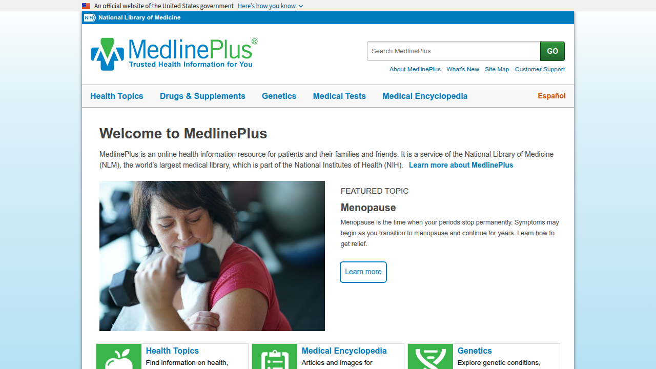 Screenshot of the MedlinePlus website, a service of the National Library of Medicine providing health information, including lists of medical abbreviations.