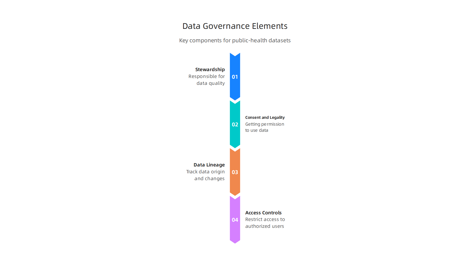 Key components necessary for robust data governance in public health datasets.