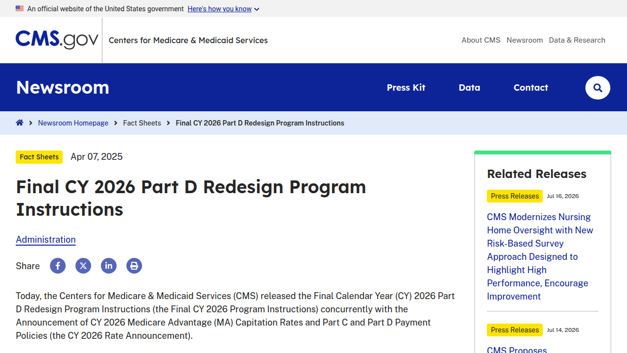 Official program instructions from the Centers for Medicare & Medicaid Services regarding Part D redesign for 2026.