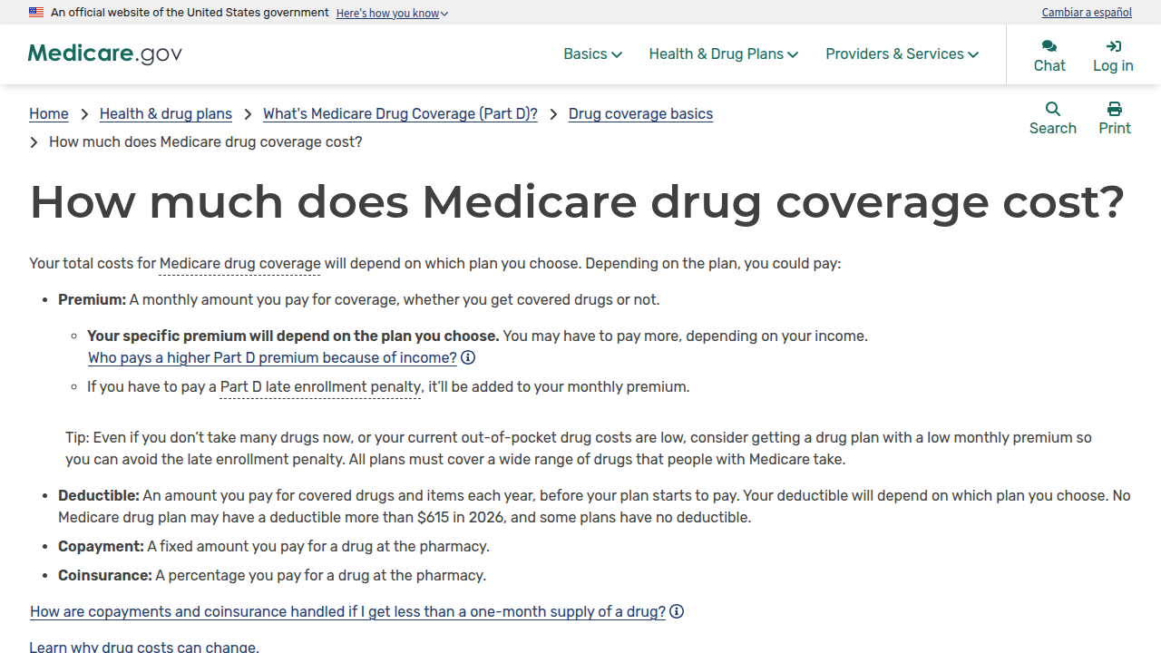 A snapshot of the official Medicare.gov page explaining prescription drug coverage costs.