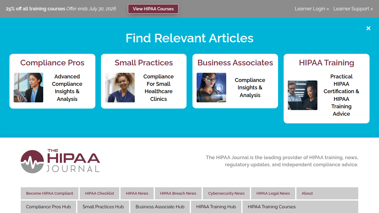 A screenshot of The HIPAA Journal homepage, a resource for HIPAA compliance news and guidelines.