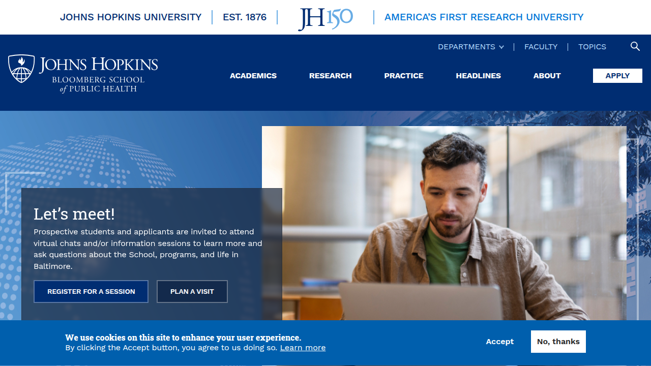 Screenshot of the Johns Hopkins Bloomberg School of Public Health website, known for research into public health trends and policies.