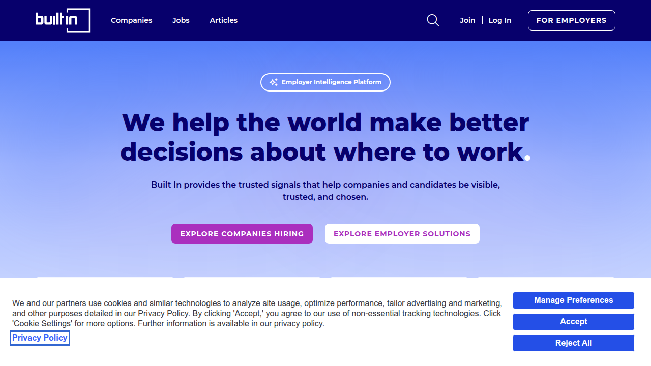 Built In's homepage, representing a platform for company profiles and career insights in tech.
