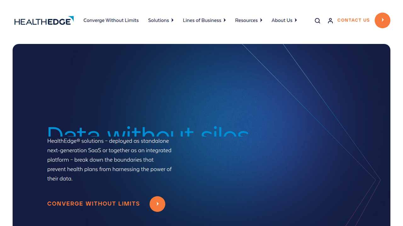 The HealthEdge homepage, showcasing solutions for health plans and payer strategies.