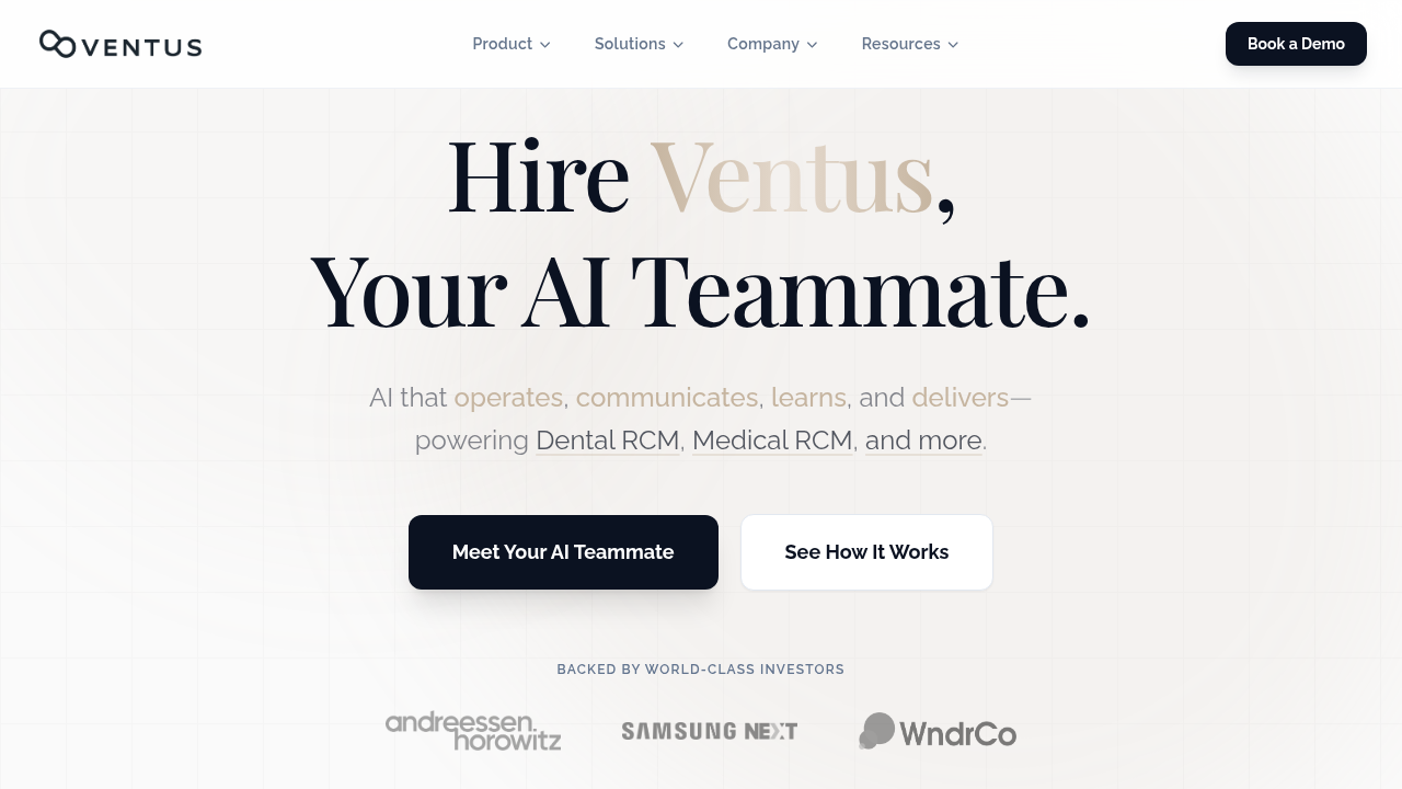 A screenshot of the Ventus AI homepage, a relevant resource for AI vendor evaluation in healthcare procurement.