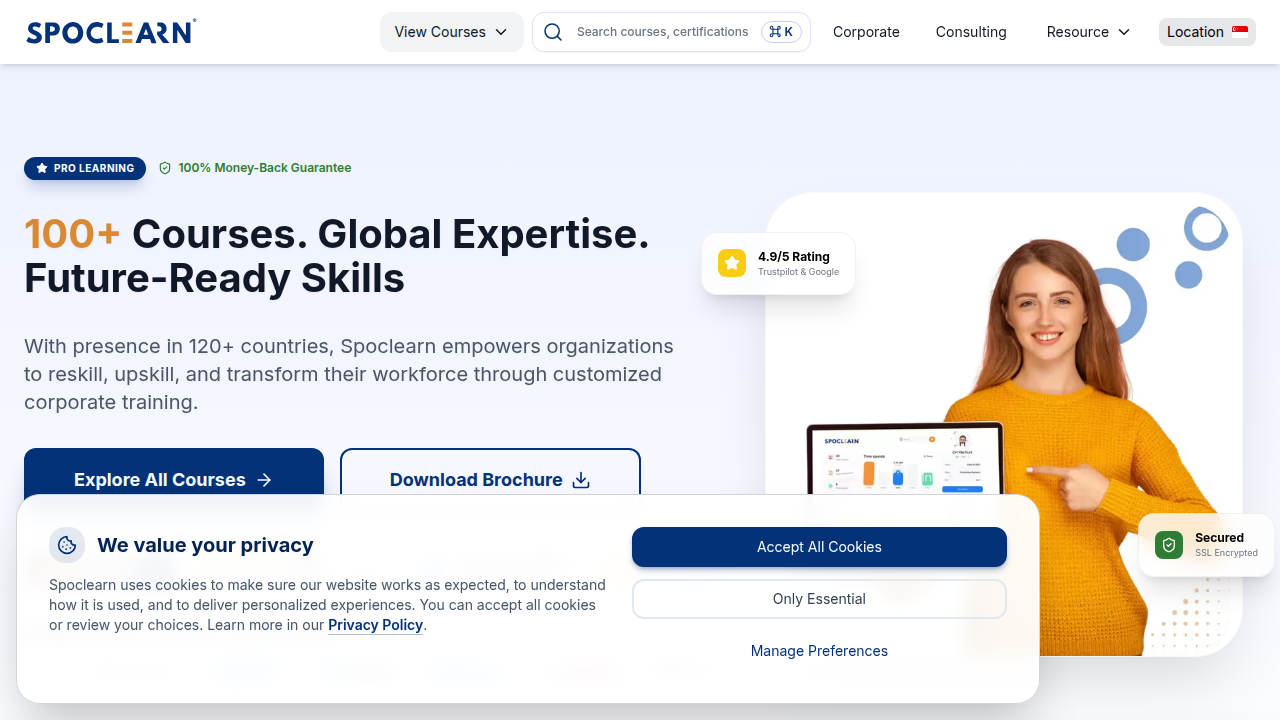 A screenshot of the SPOCLEARN homepage, a resource for Lean Six Sigma and DMAIC guides.