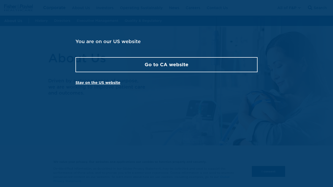 Screenshot of Fisher & Paykel Healthcare's 'About Us' page, highlighting their role as a leading medical device company.