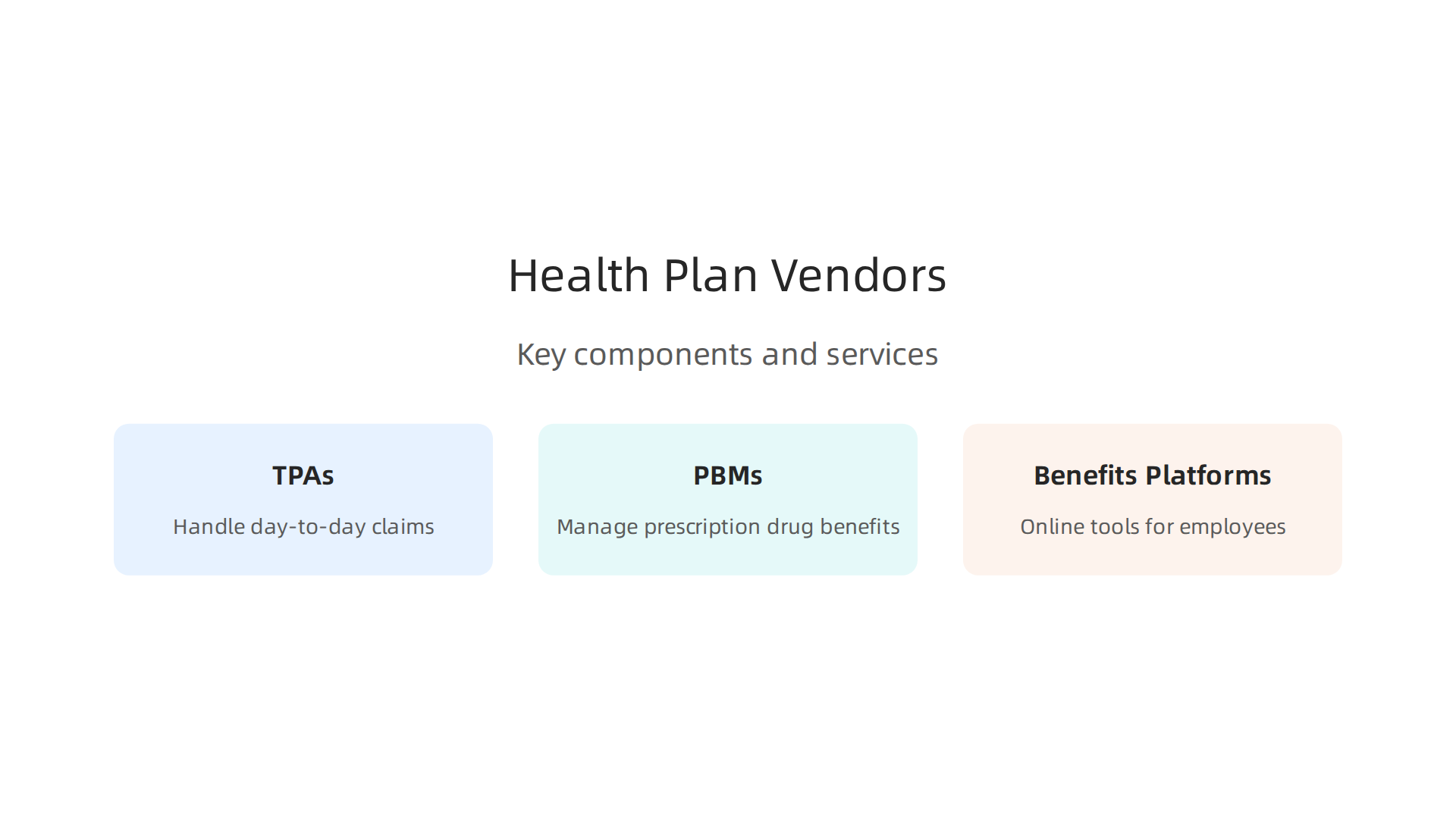 The key components and services within the health plan vendor ecosystem supporting employer-sponsored plans.