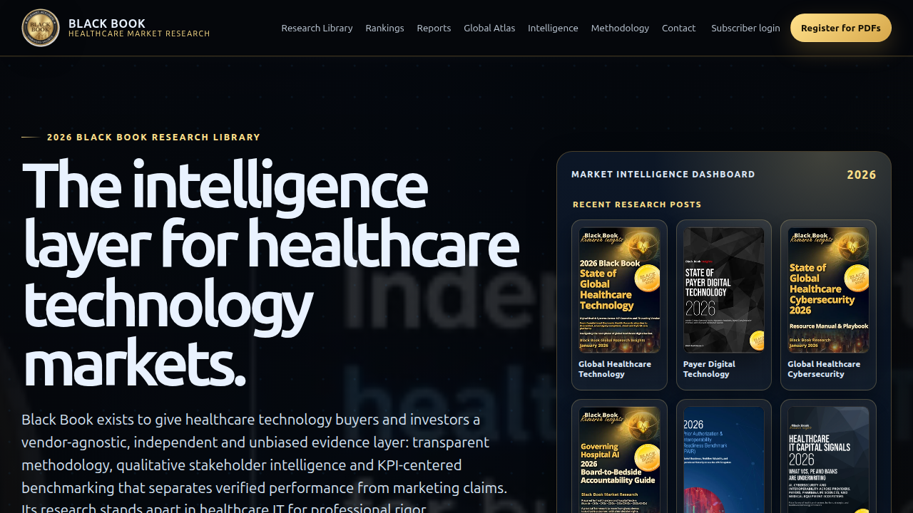 The homepage for Black Book Research, a source for insights on healthcare technology investments.