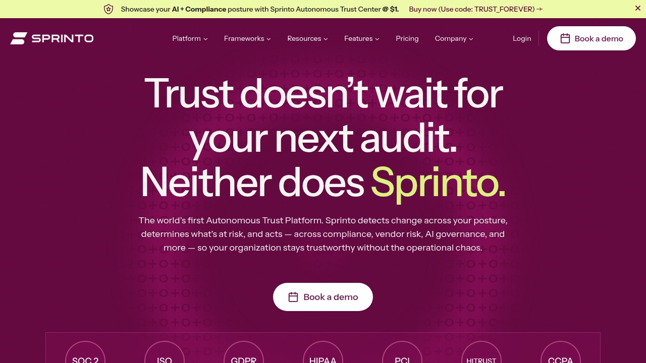 The homepage of Sprinto, a platform that helps companies with compliance and security, relevant to HIPAA updates.