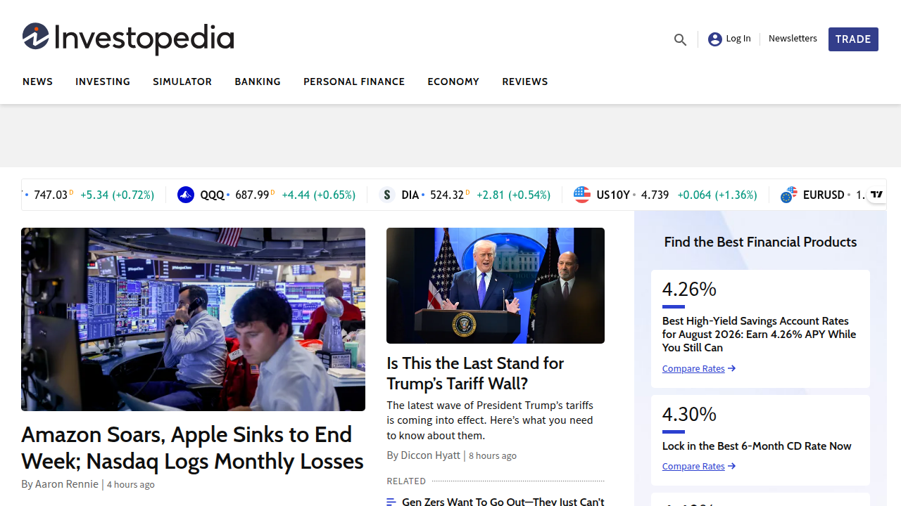 A screenshot of Investopedia's homepage, a reliable source for financial and legal definitions, highlighting its expertise.