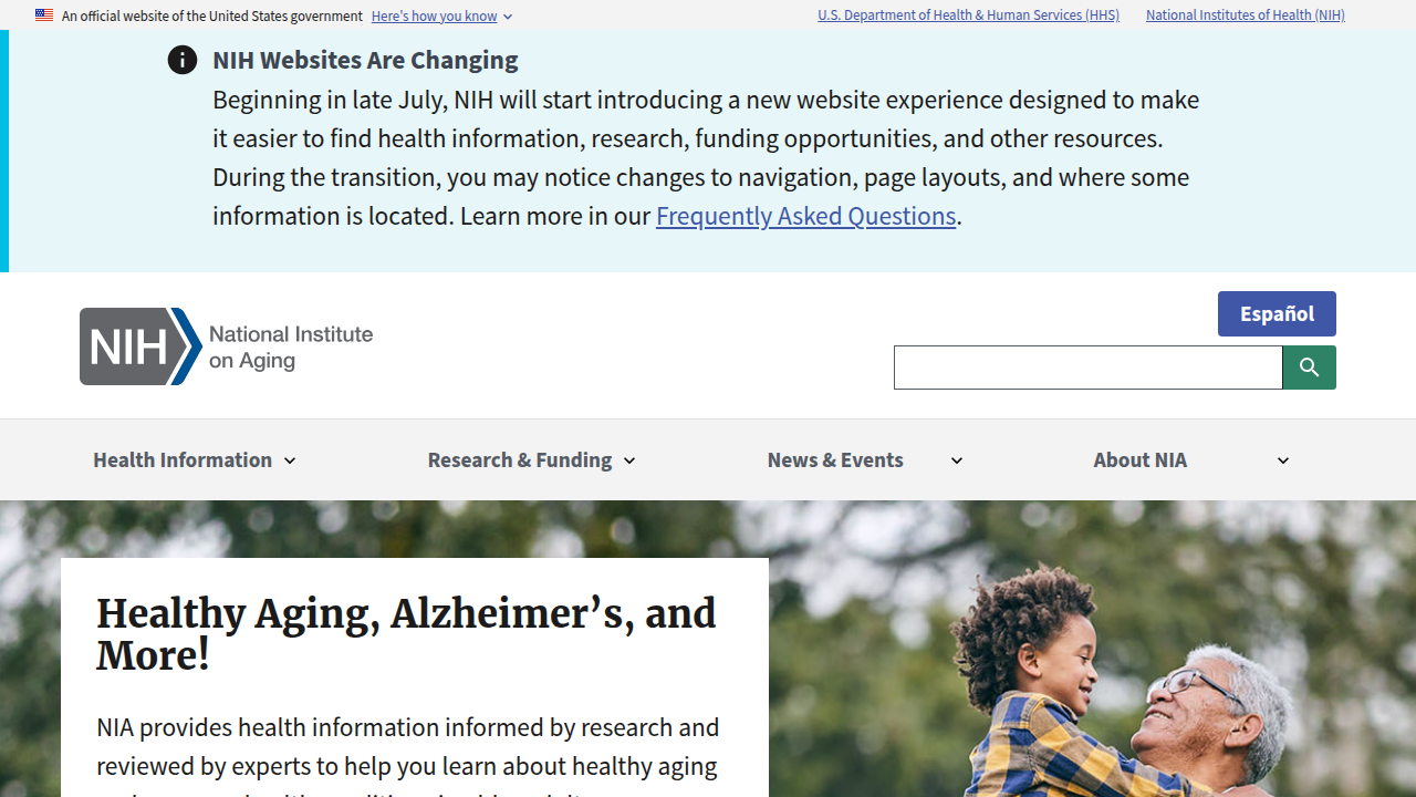 A screenshot of the National Institute on Aging (NIA) homepage, a resource for advance care planning.