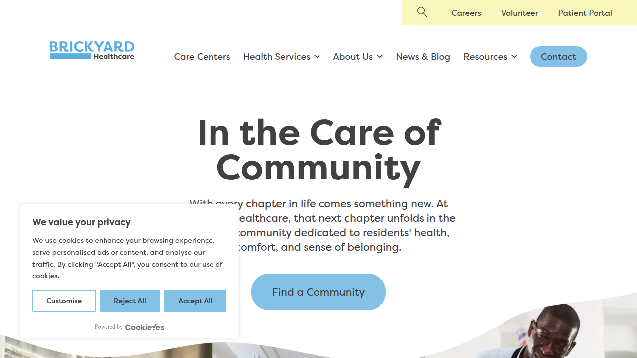 The official website for Brickyard Healthcare, showcasing its focus on community care and support services.