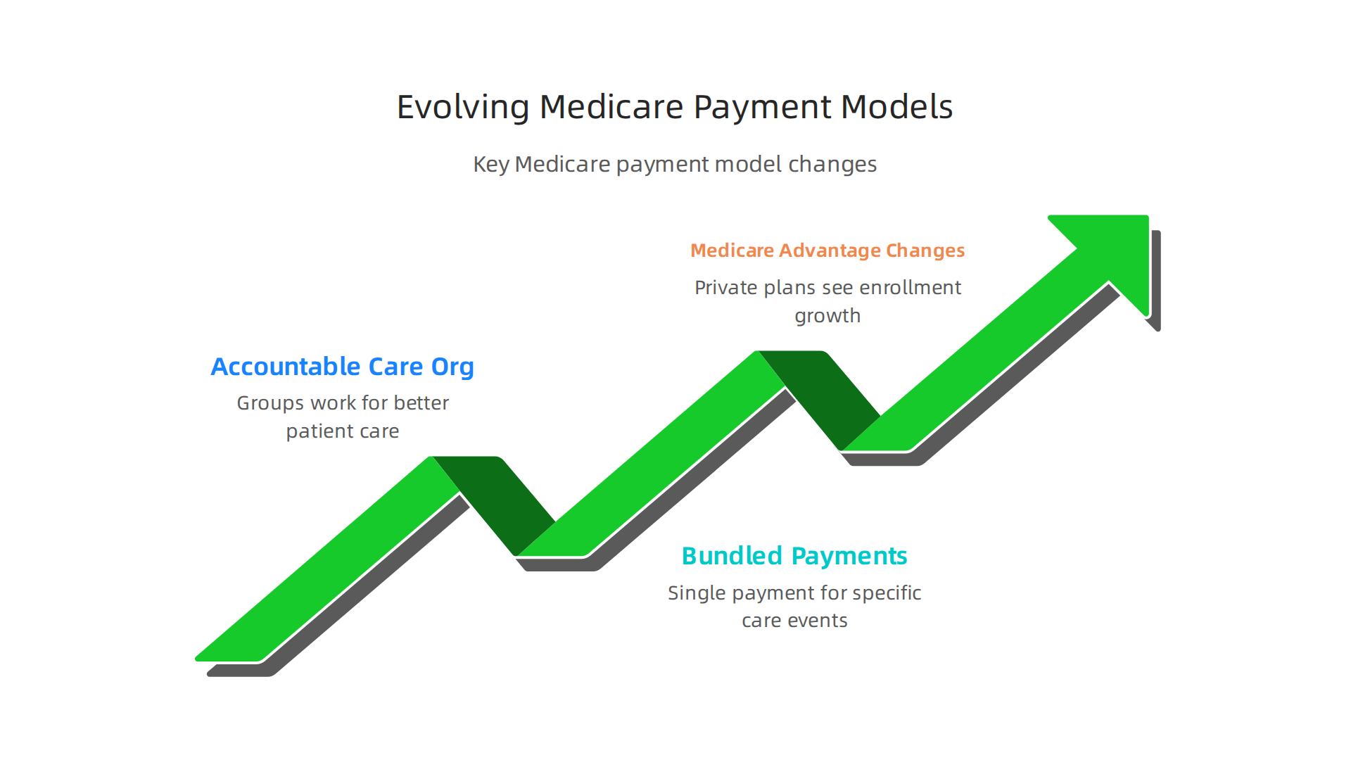 An infographic detailing the key evolving payment models under Medicare policy reforms: ACOs, Bundled Payments, and Medicare Advantage Changes.